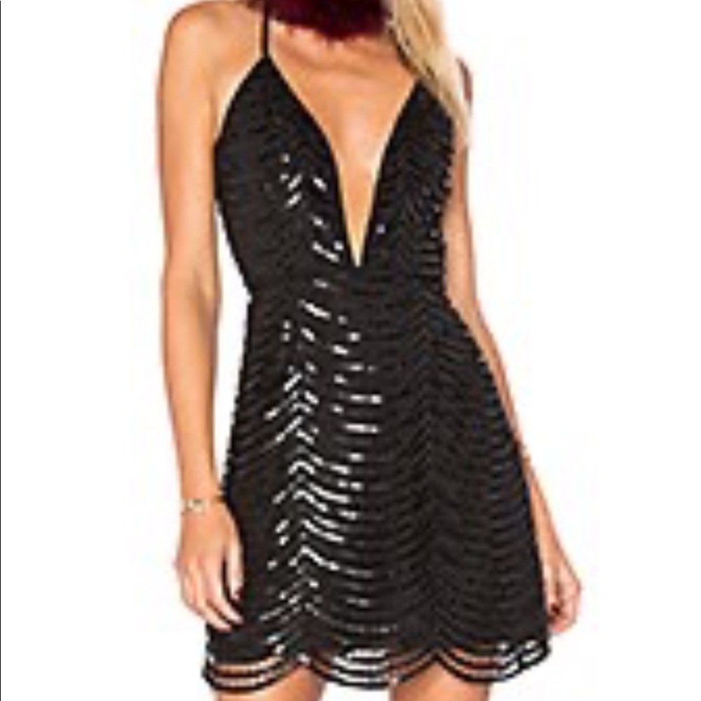 Saylor holland dress. Black sequin v cut mini dress